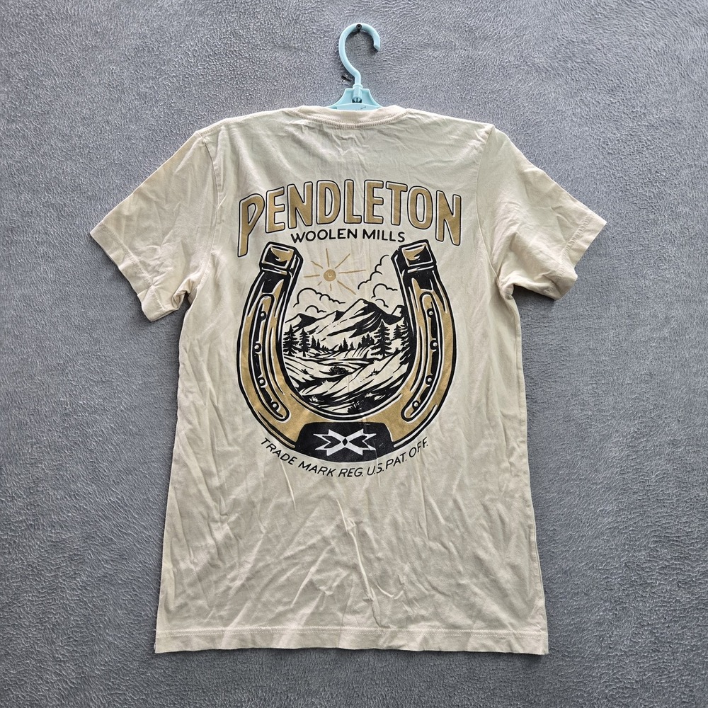 Pendleton Men Shirt M Beige Graphic Print Horseshoe Mountain Logo Short Sleeve